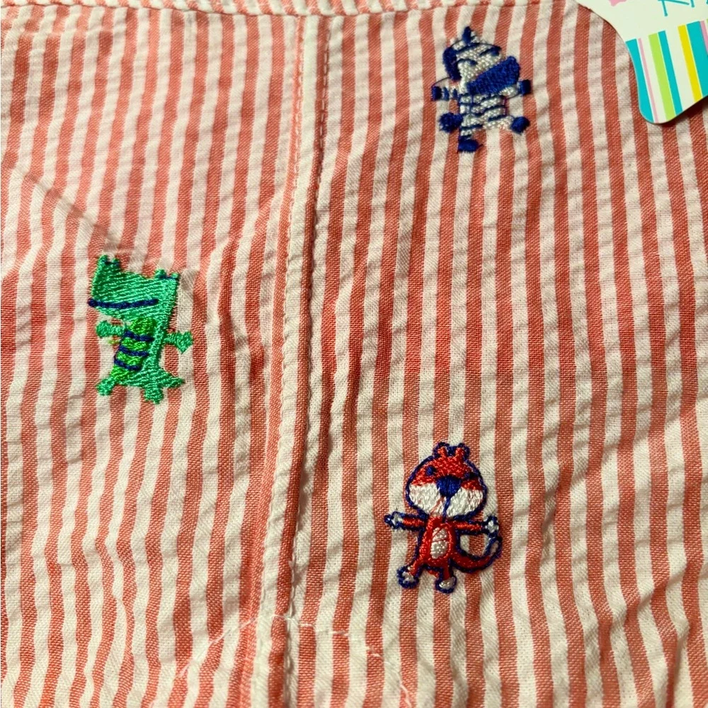 Nursery Rhyme 2 Piece overalls 3-6 Months, Red Stripes Embroidered Animals - Picture 4 of 7